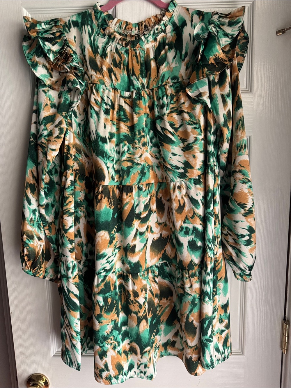 JODIFL Green White Tan Print Ruffle Mini Dress